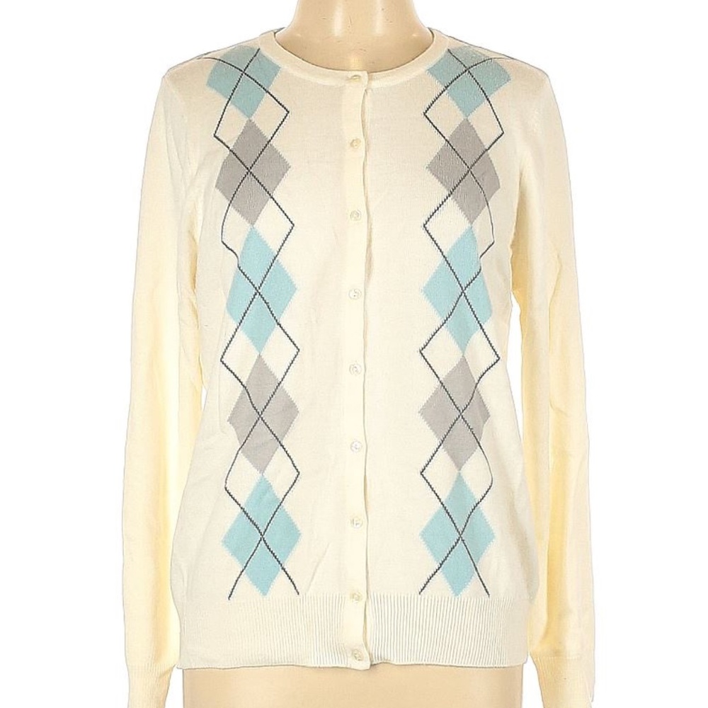 Croft and Barrow Cardigan Sweater - Cream/Argyle, Size Petite Large